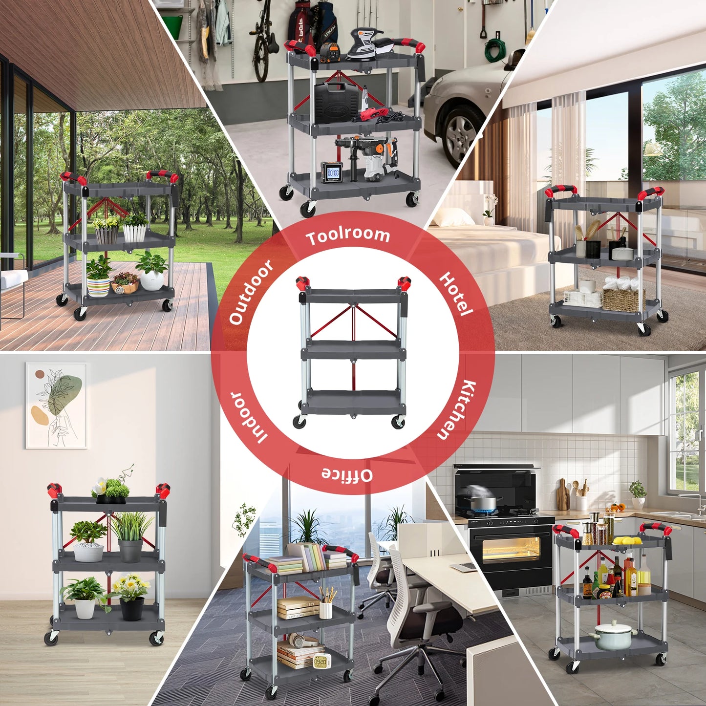 Portable Foldable Service Carts with Wheels, 3 Tier Folding Utility Rolling Tool Garage Cart, Collapsible Storage Carts