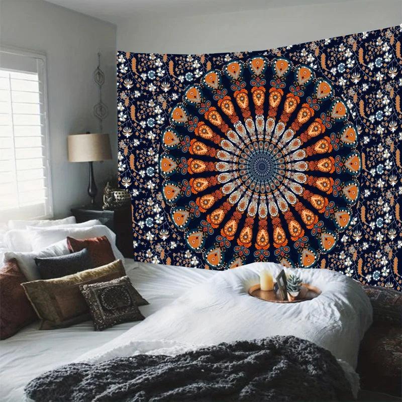 Vibrant Bohemian Peacock Mandala Tapestry