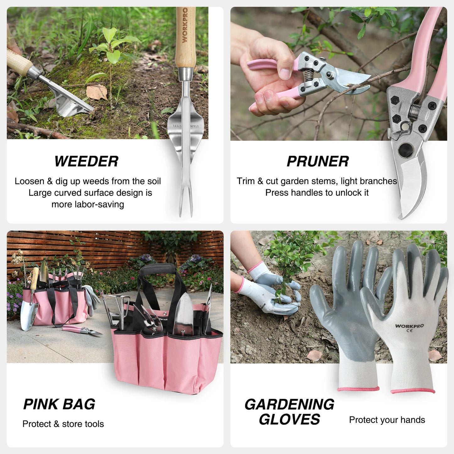 WORKPRO 8-Piece Pink Garden Tool Set