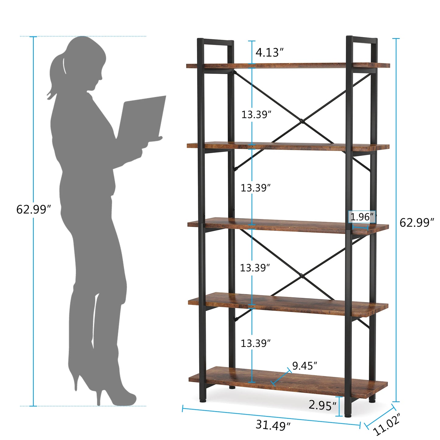 5 Tier Industrial Bookshelf with Metal Frame