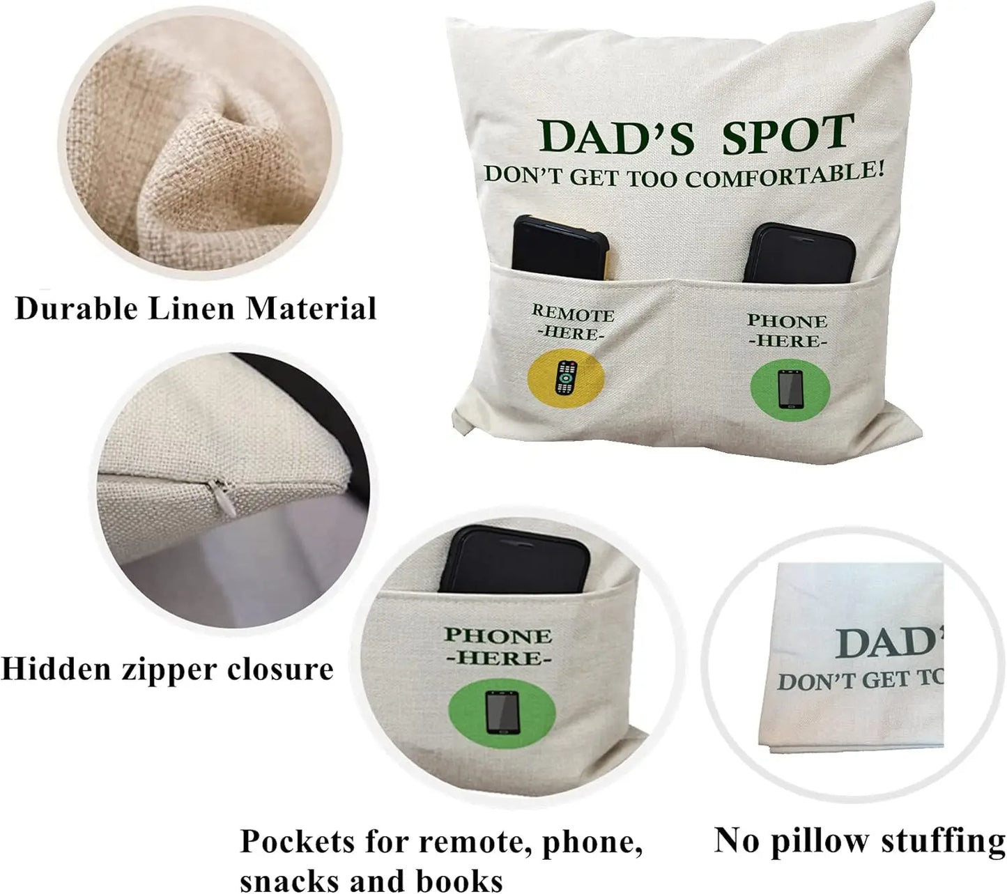 Father's Day Throw Pillow Case, Dad's Spot Throw Pillow Covers 18 x 18 Inch，2-Pocket, Dad Gifts from Daughter Son