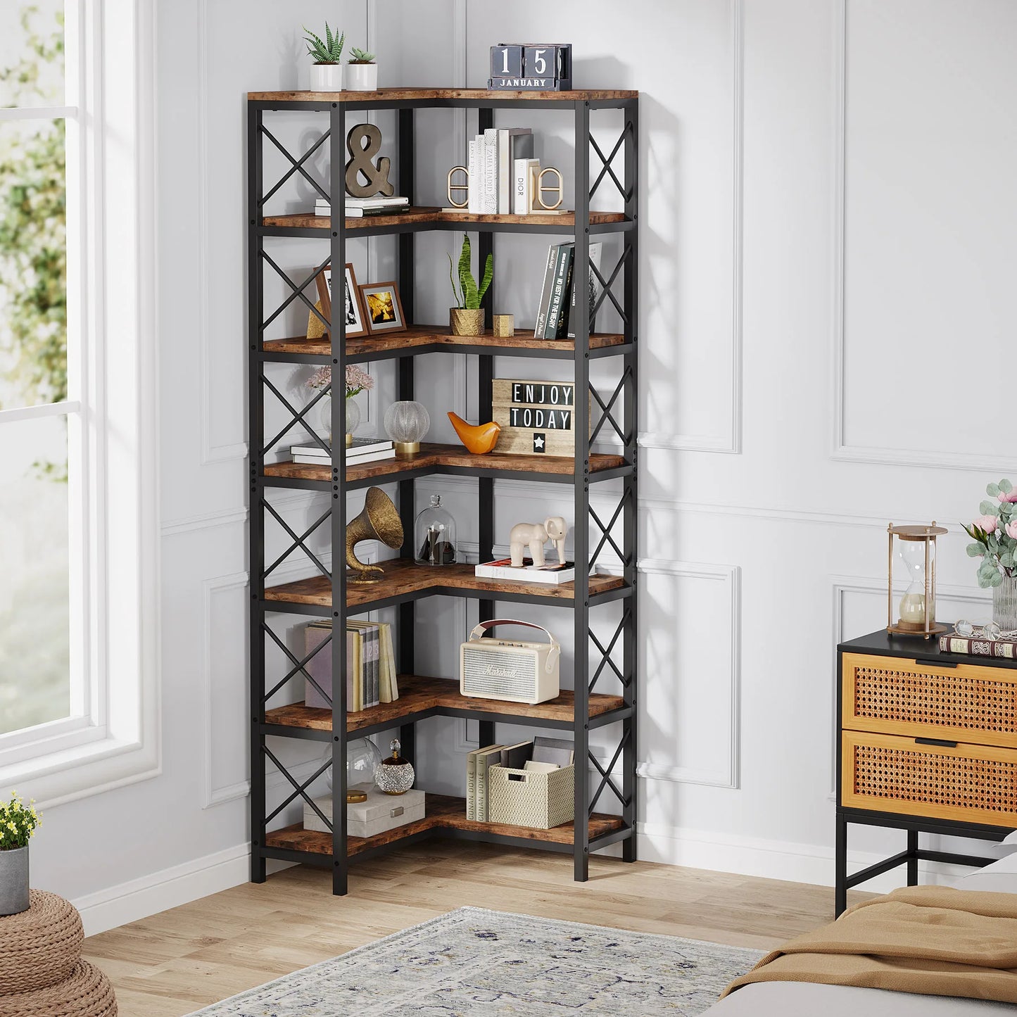 7-Shelf Metal Frame Corner Bookshelf
