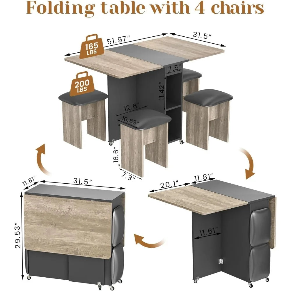 Folding Dining Table Set for 4, Dinner Table with 4 Leather Chairs and Shelves, Space Saving Foldable Dining Table with 6 Wheels
