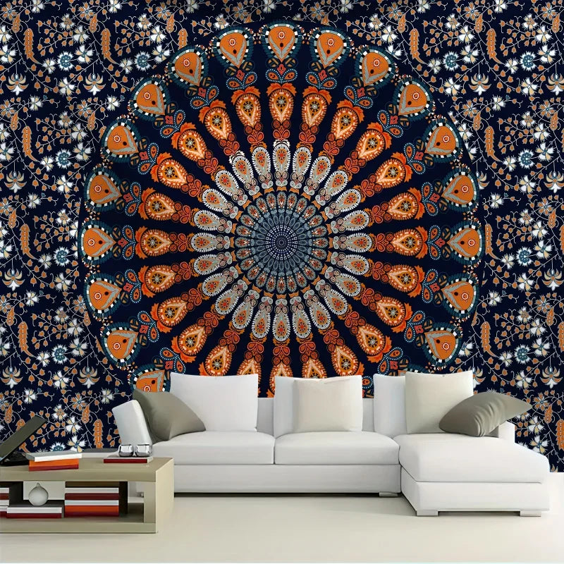 Vibrant Bohemian Peacock Mandala Tapestry