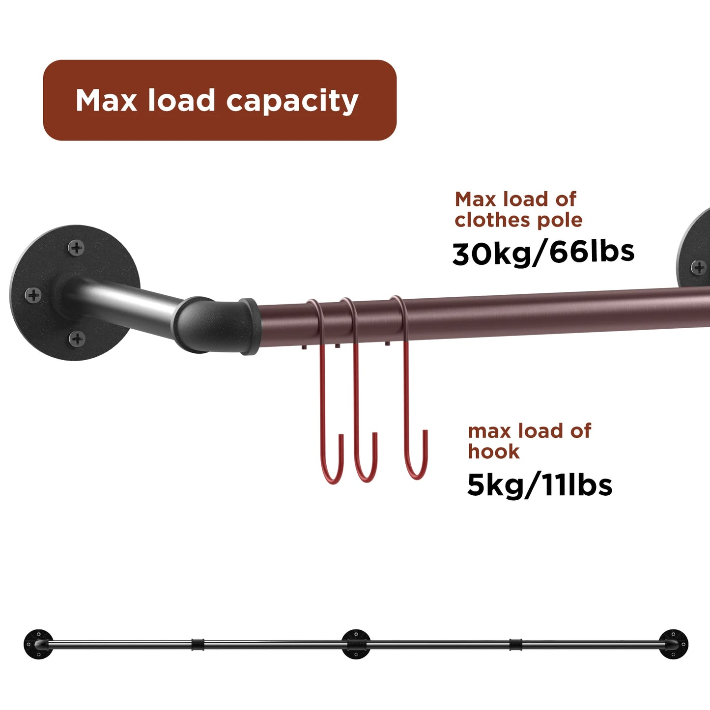 Wall Mounted 180cm Industrial Pipe Clothes Hanging Rail Rod Garment Rack Detachable