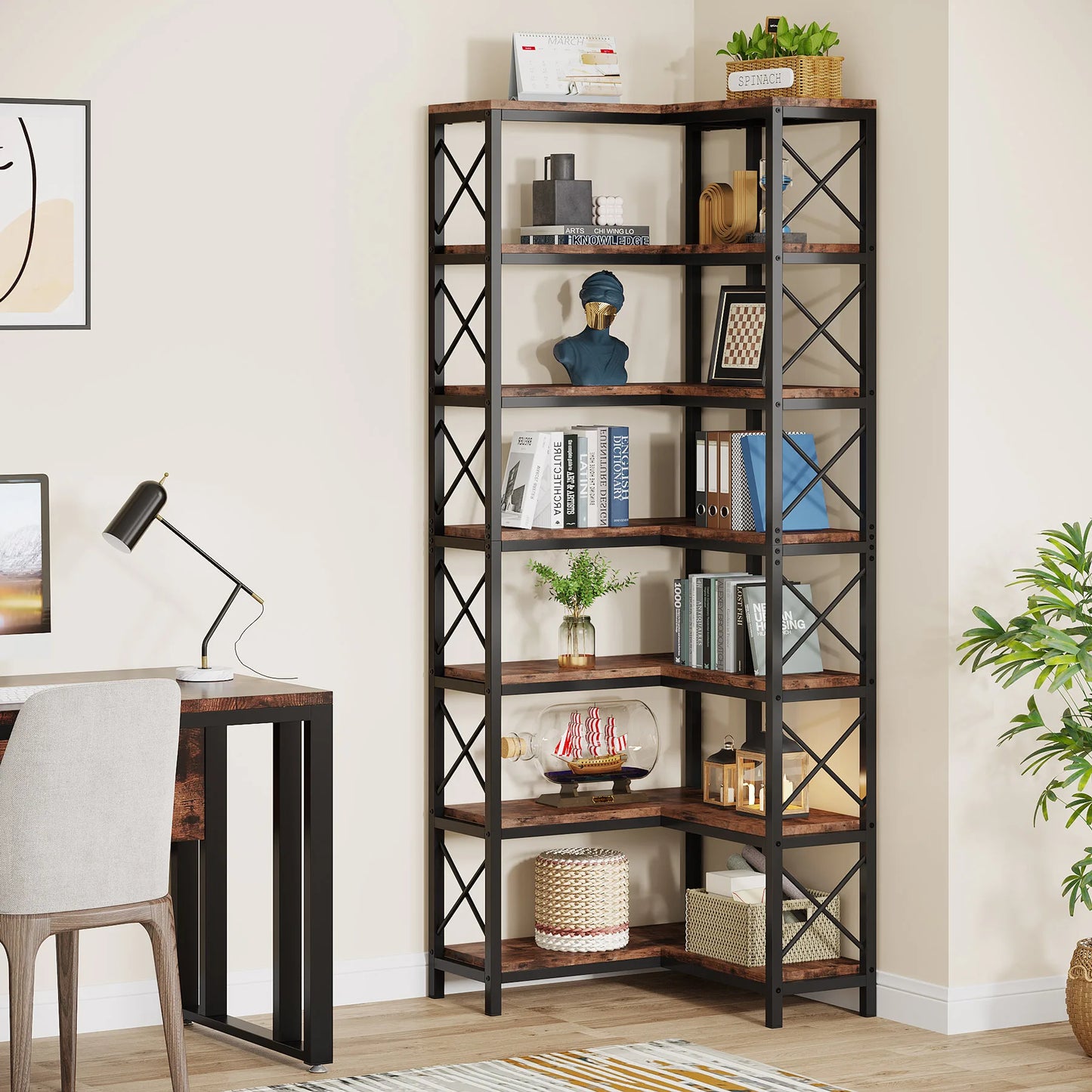 7-Shelf Metal Frame Corner Bookshelf