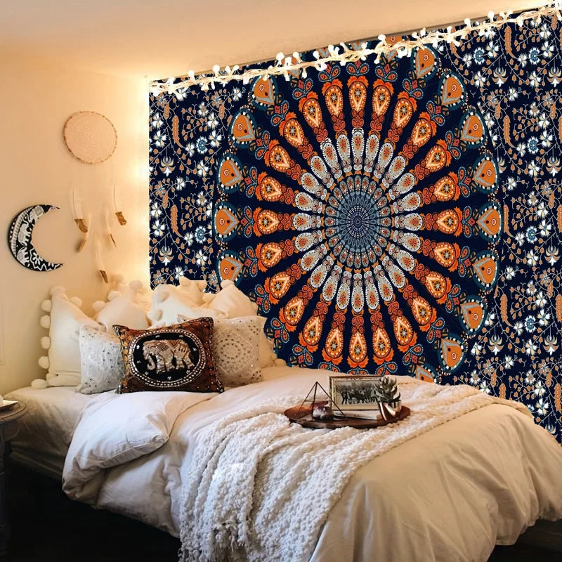 Vibrant Bohemian Peacock Mandala Tapestry