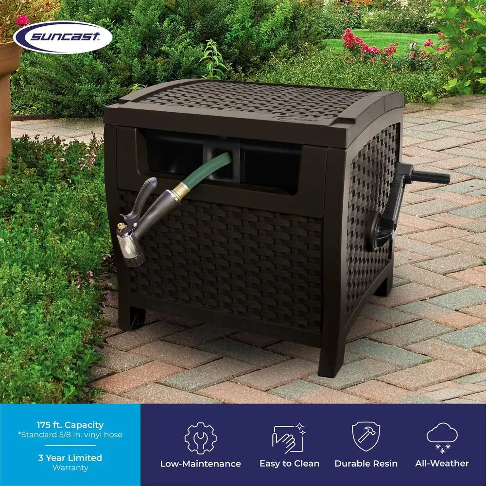 175ft Outdoor Smart Trak Garden Hose Reel     Resin Wicker Hideaway Smart Trak Hose Guide Weather Resistant Durable Storage Solution