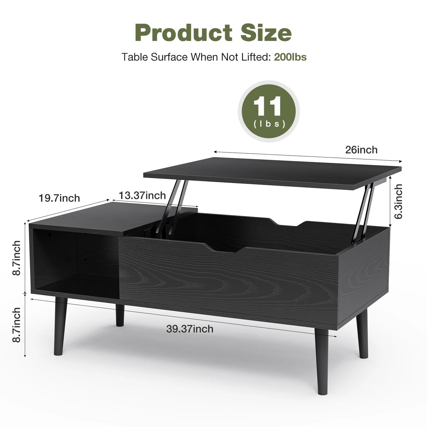 Easy Lift Top Tables, Adjustable Storage Shelf