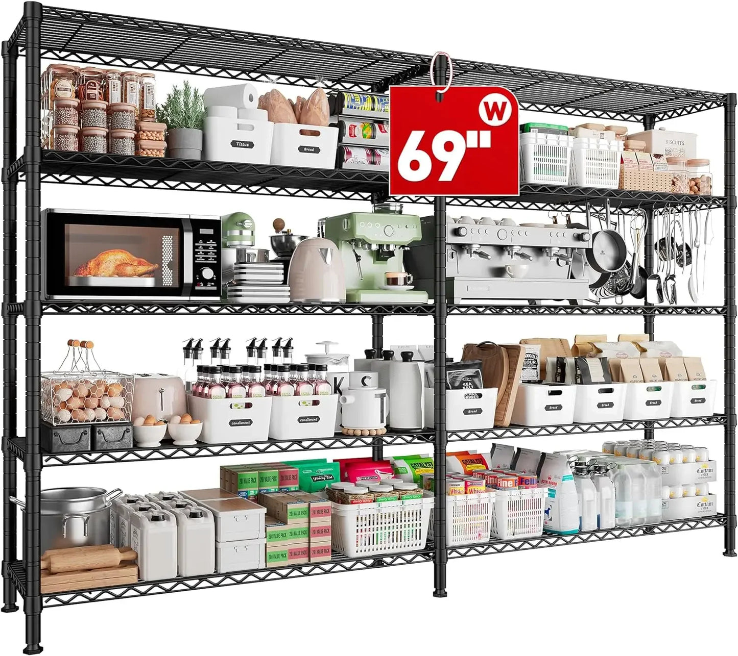69" W Storage Shelves,Wire Shelving Load 1600LB 5-Tier Heavy Duty Metal Shelves for Storage  Shelving Unit with Shelf Adjustable
