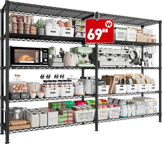 69" W Storage Shelves,Wire Shelving Load 1600LB 5-Tier Heavy Duty Metal Shelves for Storage  Shelving Unit with Shelf Adjustable