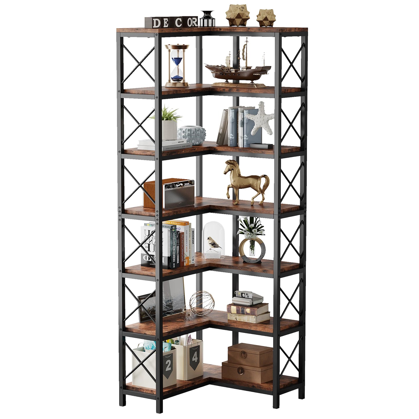 7-Shelf Metal Frame Corner Bookshelf