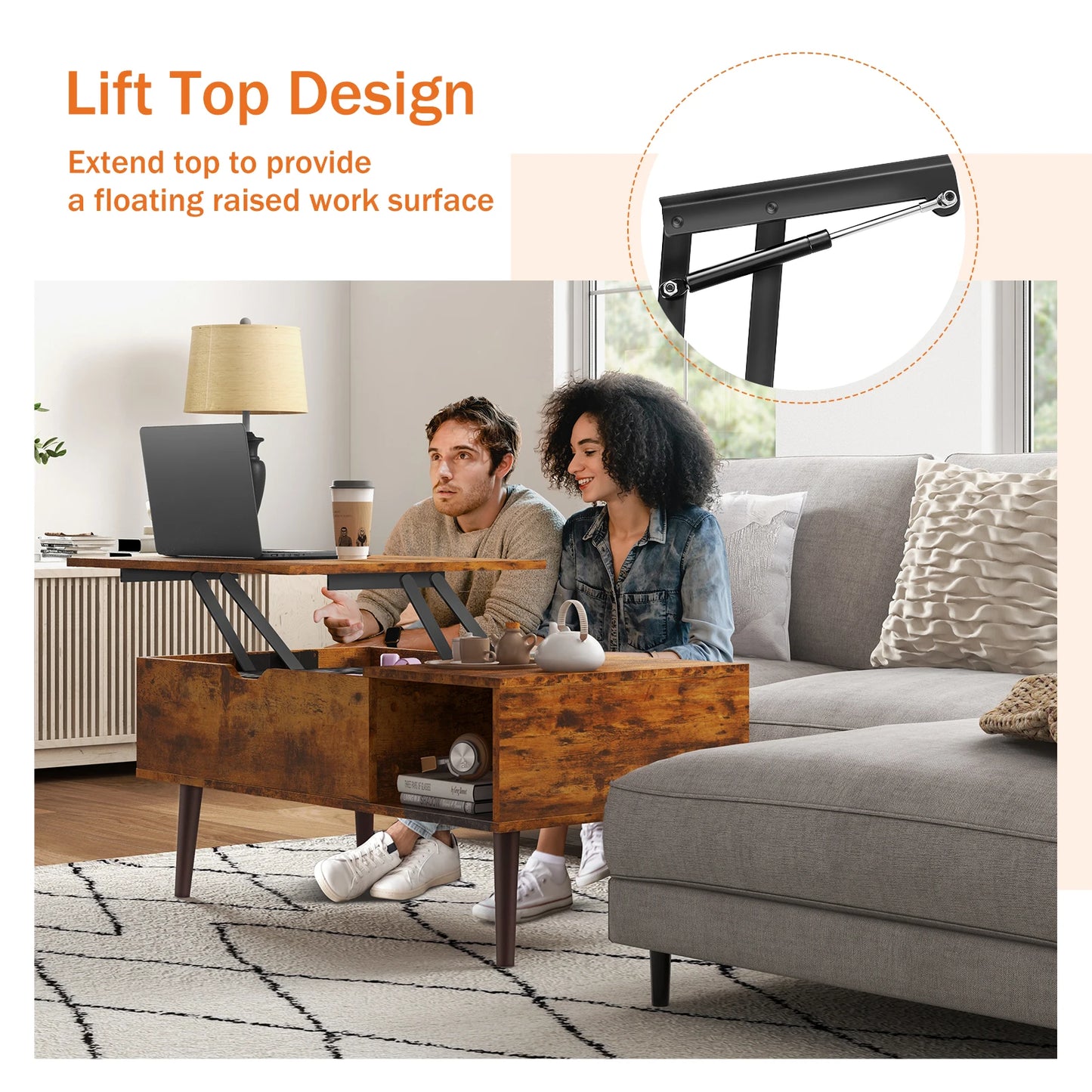 Easy Lift Top Tables, Adjustable Storage Shelf