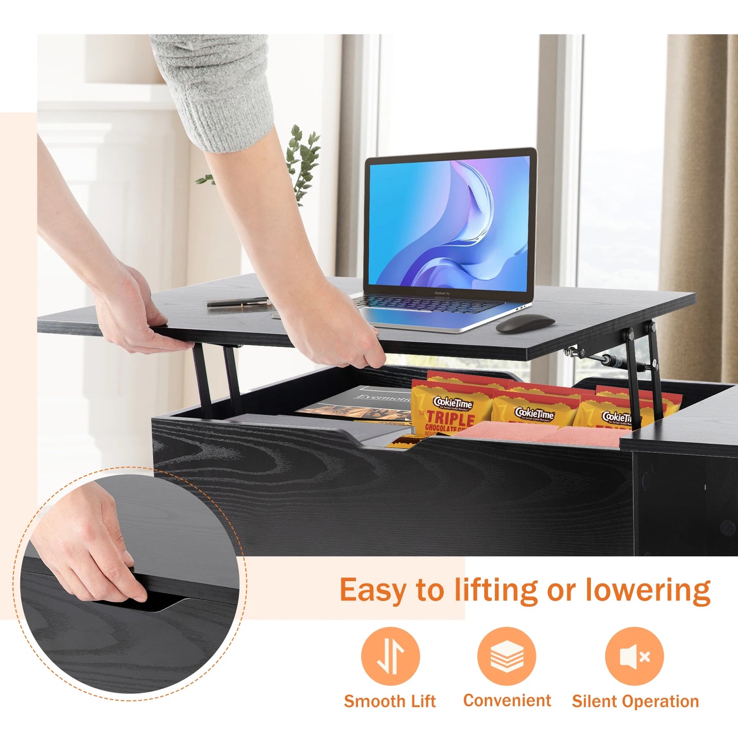 Easy Lift Top Tables, Adjustable Storage Shelf