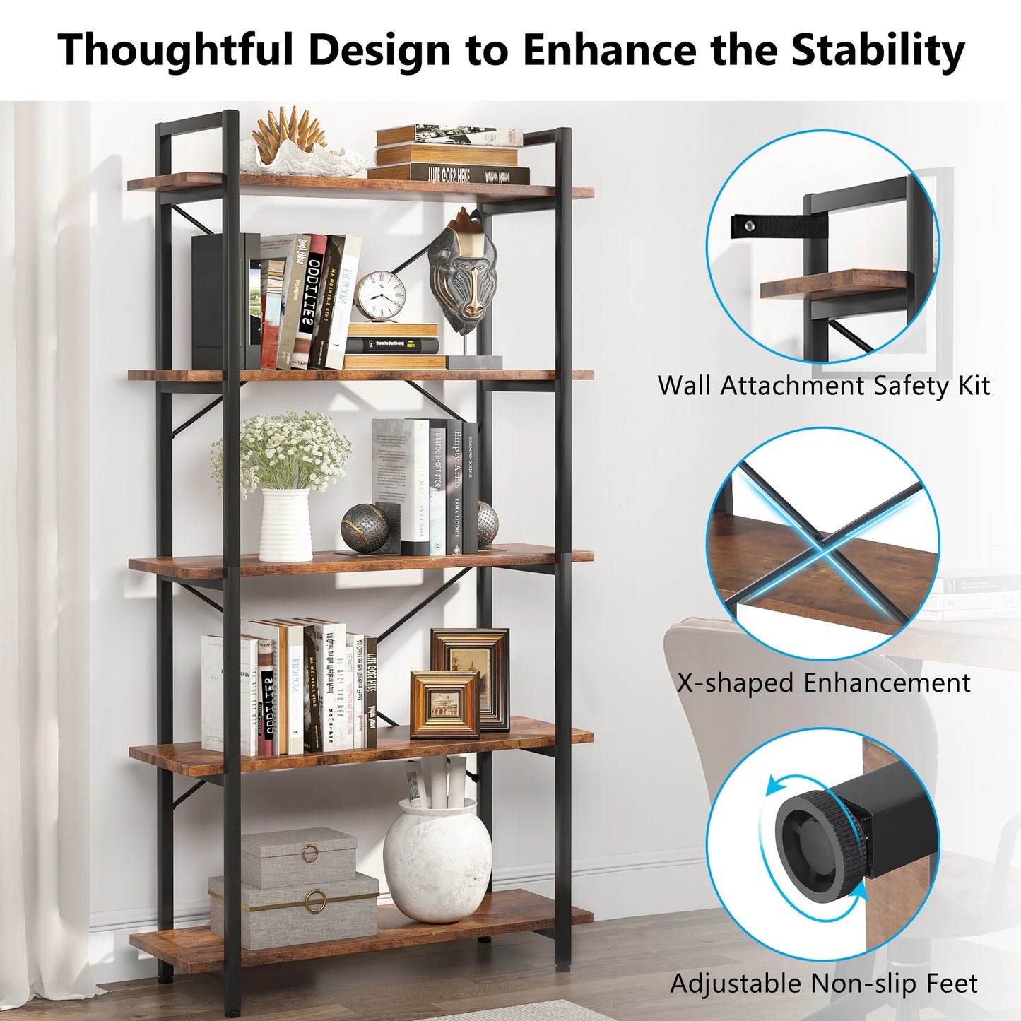 5 Tier Industrial Bookshelf with Metal Frame