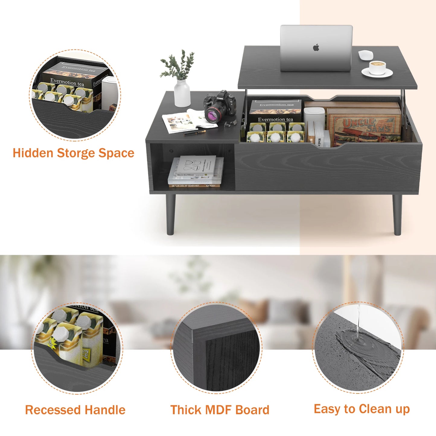 Easy Lift Top Tables, Adjustable Storage Shelf