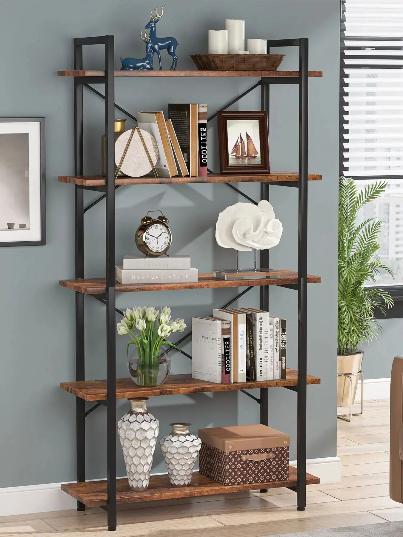 5 Tier Industrial Bookshelf with Metal Frame