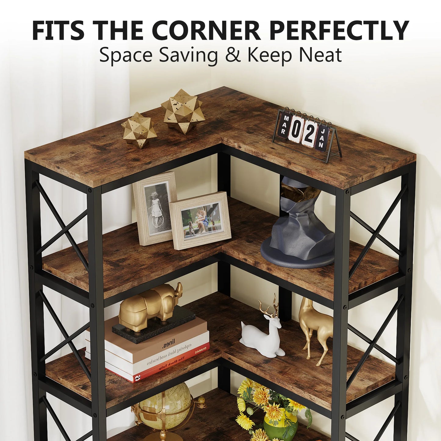 7-Shelf Metal Frame Corner Bookshelf