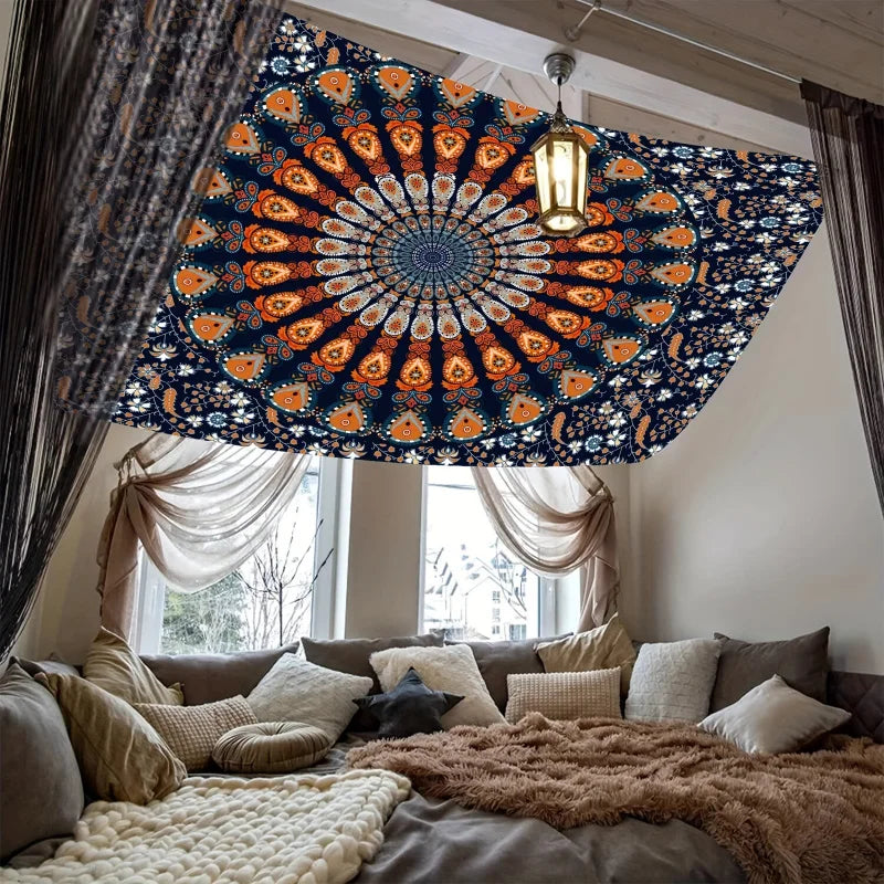 Vibrant Bohemian Peacock Mandala Tapestry