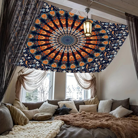 Vibrant Bohemian Peacock Mandala Tapestry