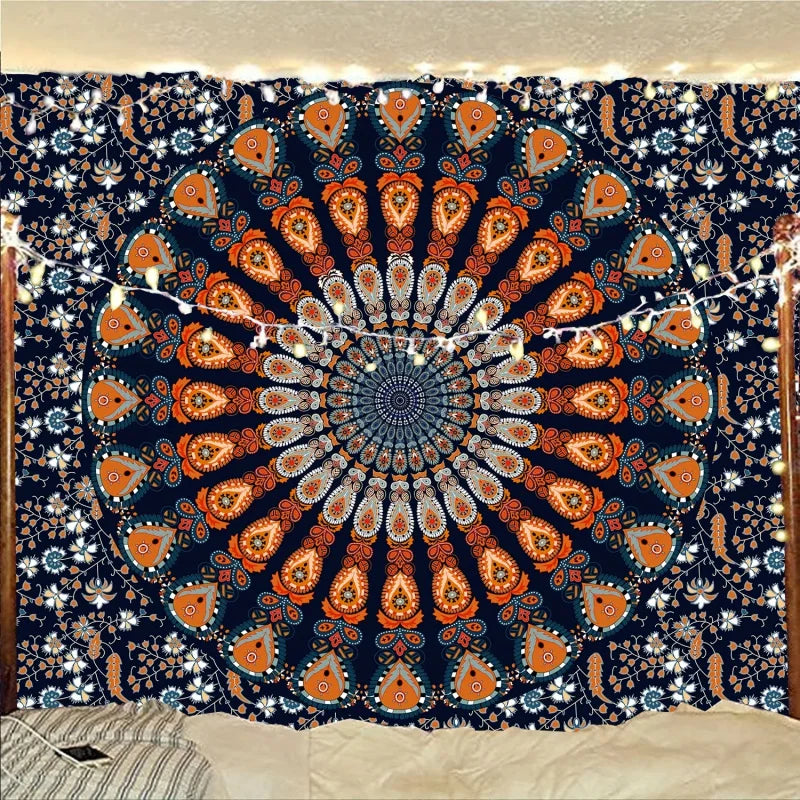Vibrant Bohemian Peacock Mandala Tapestry