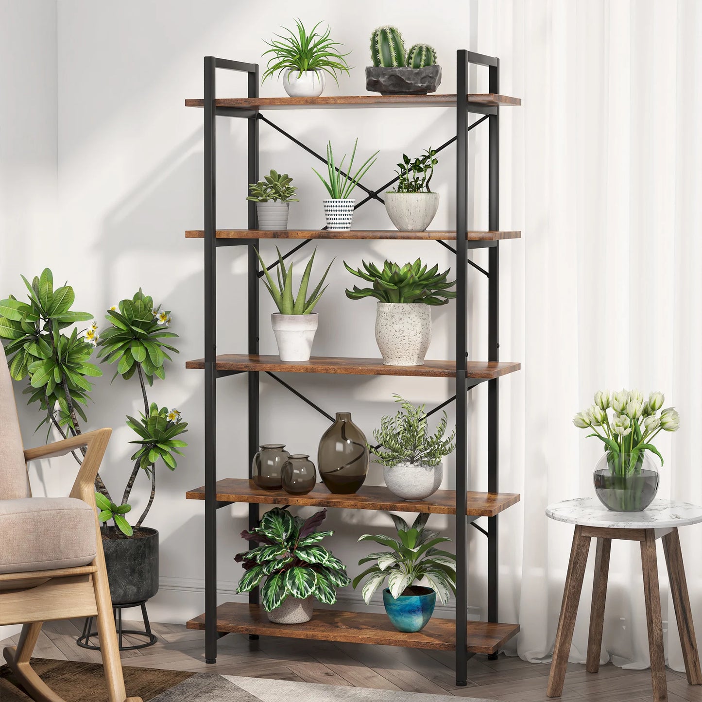 5 Tier Industrial Bookshelf with Metal Frame