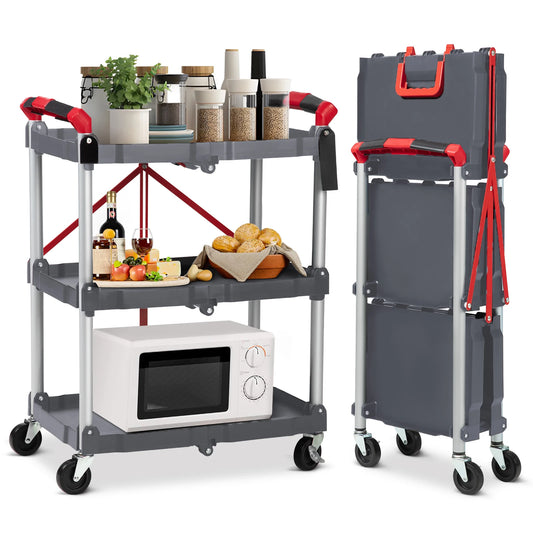 Portable Foldable Service Carts with Wheels, 3 Tier Folding Utility Rolling Tool Garage Cart, Collapsible Storage Carts