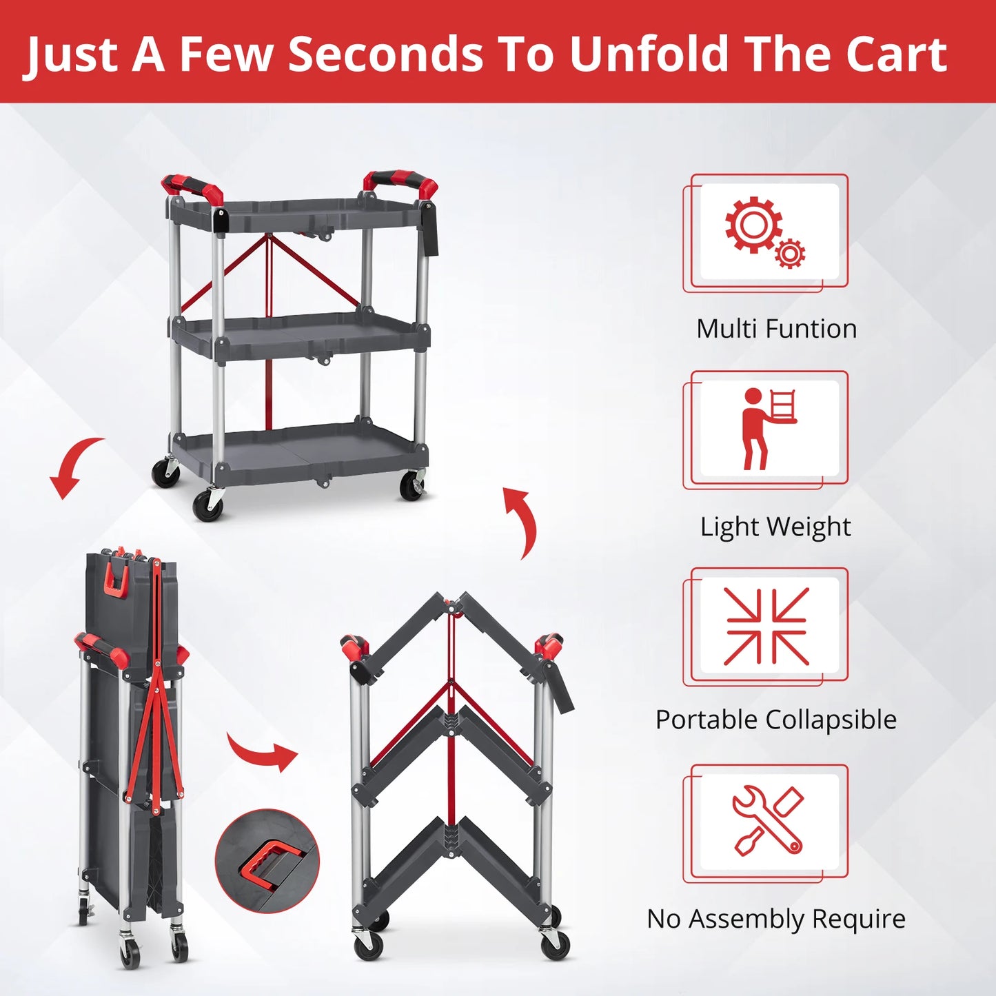 Portable Foldable Service Carts with Wheels, 3 Tier Folding Utility Rolling Tool Garage Cart, Collapsible Storage Carts