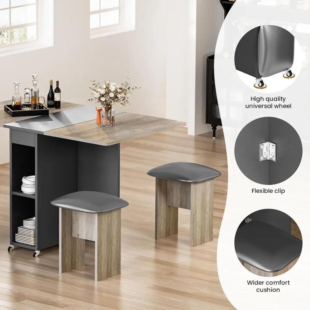 Folding Dining Table Set for 4, Dinner Table with 4 Leather Chairs and Shelves, Space Saving Foldable Dining Table with 6 Wheels