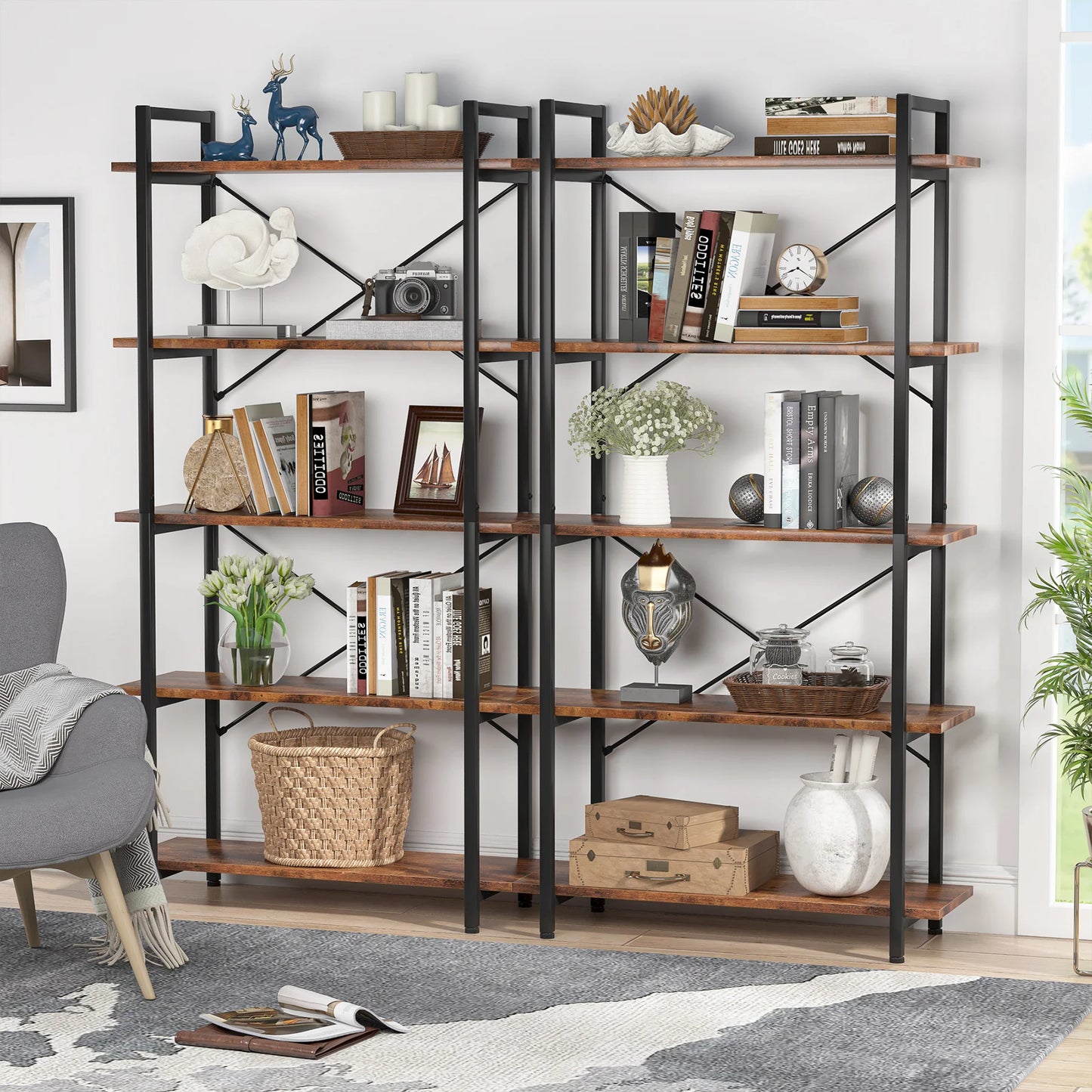5 Tier Industrial Bookshelf with Metal Frame