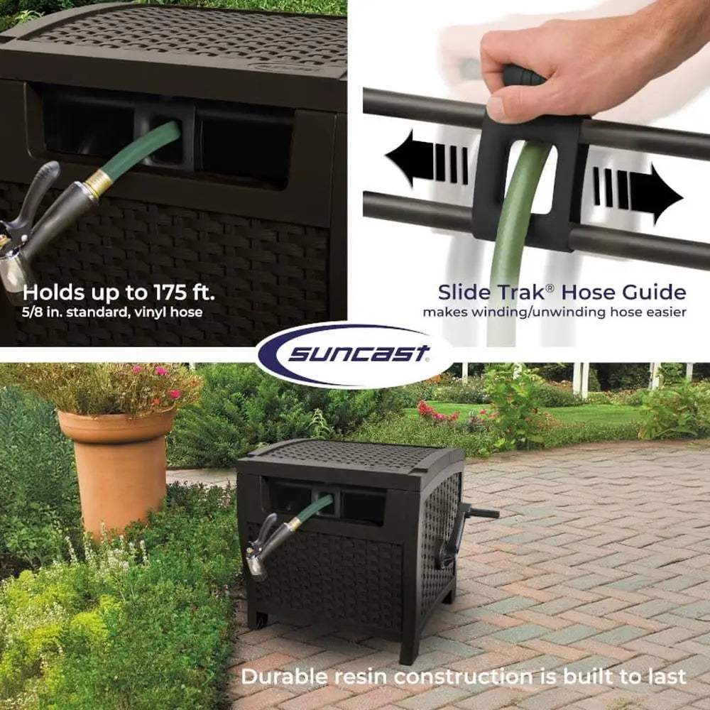 175ft Outdoor Smart Trak Garden Hose Reel     Resin Wicker Hideaway Smart Trak Hose Guide Weather Resistant Durable Storage Solution